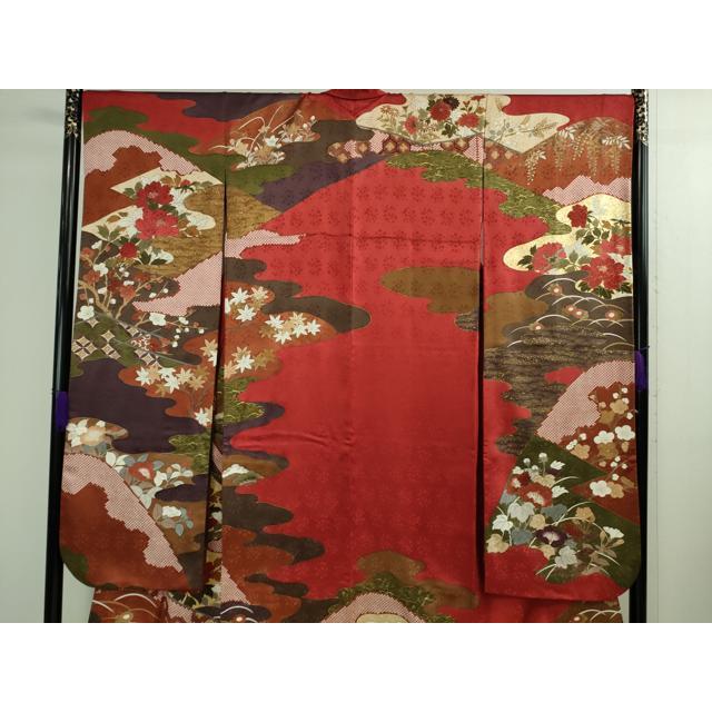 平和屋本店■極上　皇室献上作家　藤井寛　振袖　山路霞に百花の図　金彩　色紙付き　逸品　DZAA9890kh5