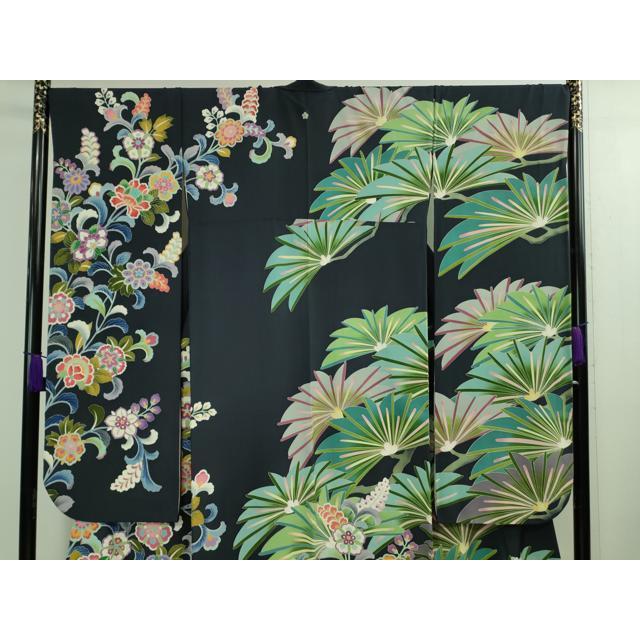 平和屋本店■極上　振袖　友禅　作家物・泰和　松花文　藍鉄色地　逸品　DZAA9893kh5