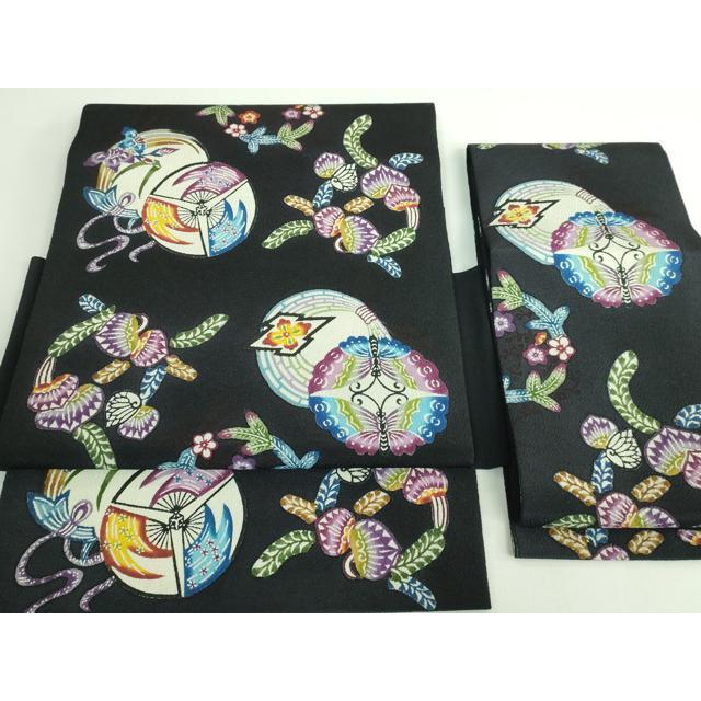 平和屋本店■極上　本場琉球紅型　琉球びんがた　知念紅型研究所　知念貞男　つけ帯　丸形蝶草花扇文様　濃い羊羹色地　逸品　DZAB0676kh5 平和屋本店□極上 本場琉球紅型 琉球びんがた 知念紅型研究所 知念貞男