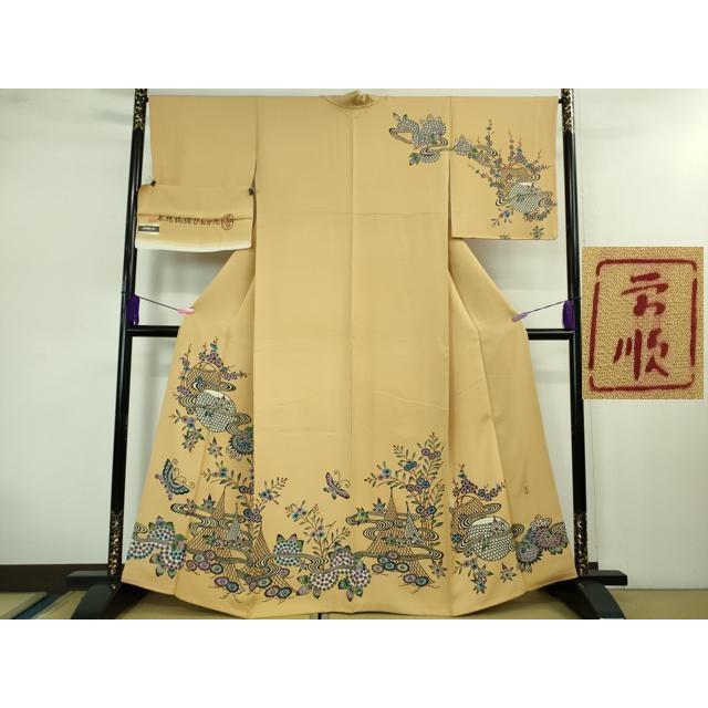 平和屋本店□最高級 城間栄順 本場琉球紅型 訪問着 舞蝶花文 飴色地 反