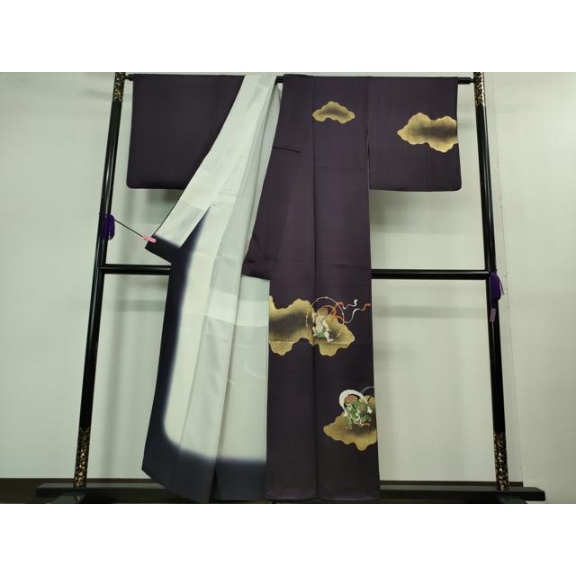 平和屋本店□極上 訪問着 風神雷神 紫紺色地 金彩 反端付き 逸品