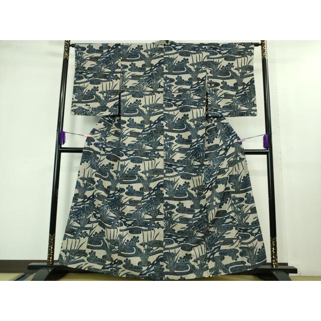 平和屋本店■極上　浦野理一　経節紬　型染　流水杜若桜文　逸品　DZAB1377kh5 平和屋本店□極上 浦野理一 経節紬 型染 流水杜若桜文 逸品