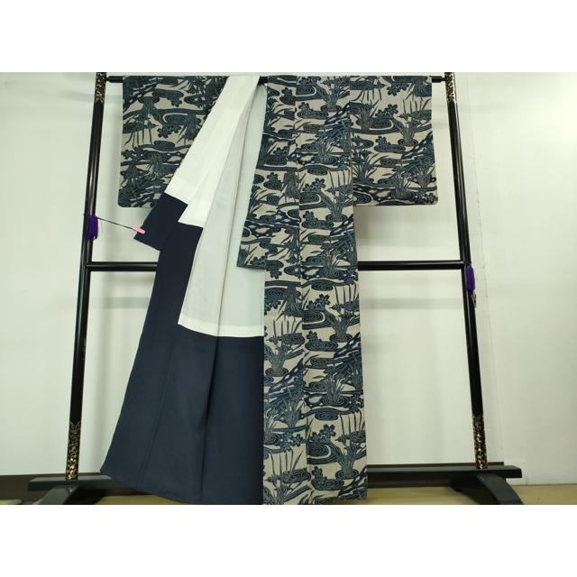 平和屋本店□極上 浦野理一 経節紬 型染 流水杜若桜文 逸品