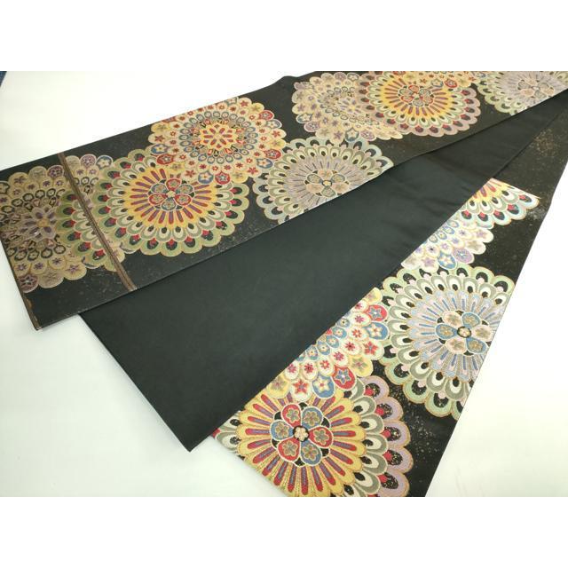 平和屋着物＊夏物　六通柄　本袋帯　唐織　桔梗　黒地　金糸　正絹　逸品　未使用　BAAV7115yc 平和屋着物◎六通柄袋帯 唐織 花唐草文 金糸 正絹 逸品 BAAX4761qwの