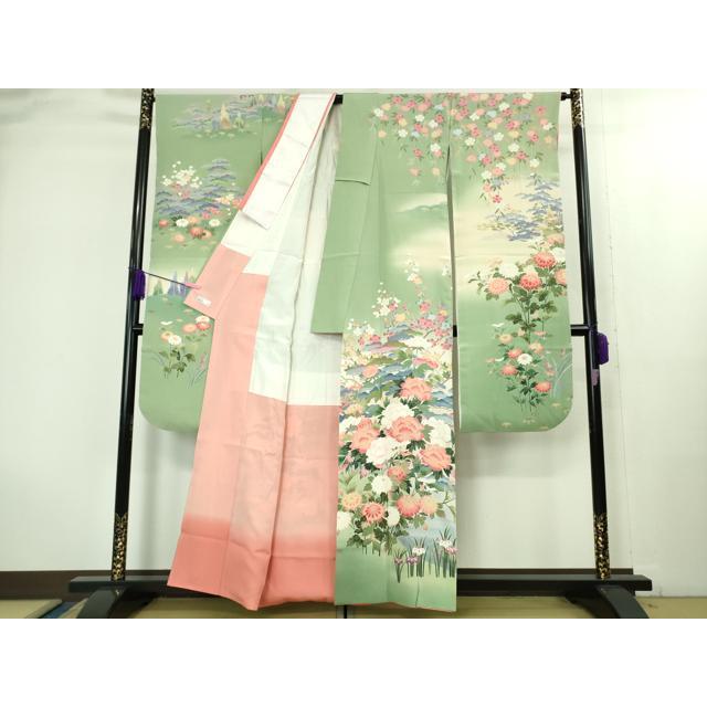 平和屋本店○極上 十日町友禅作家 岡村蒼風 振袖 吉祥花松文 暈し染め