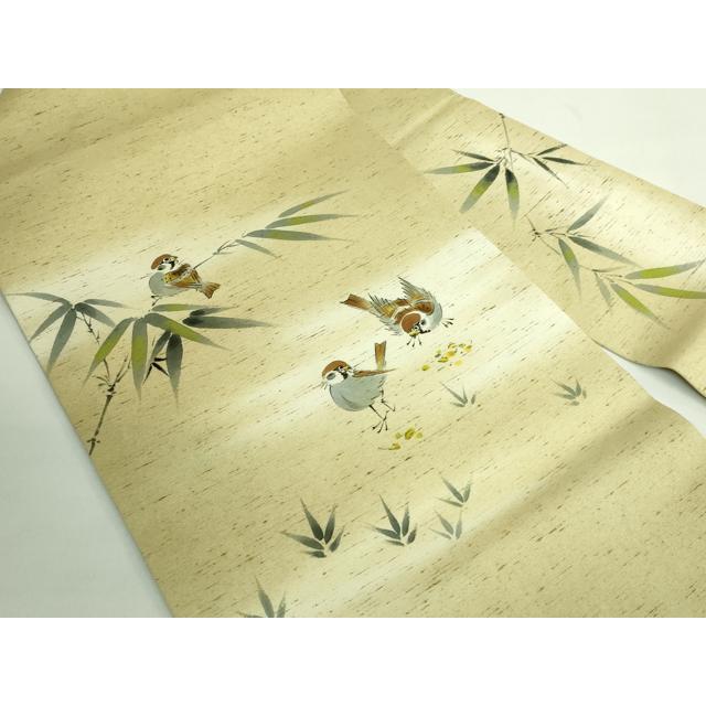 平和屋着物●極上　九寸名古屋帯　紬地　手描き　雀　逸品　DZAB2342kh6