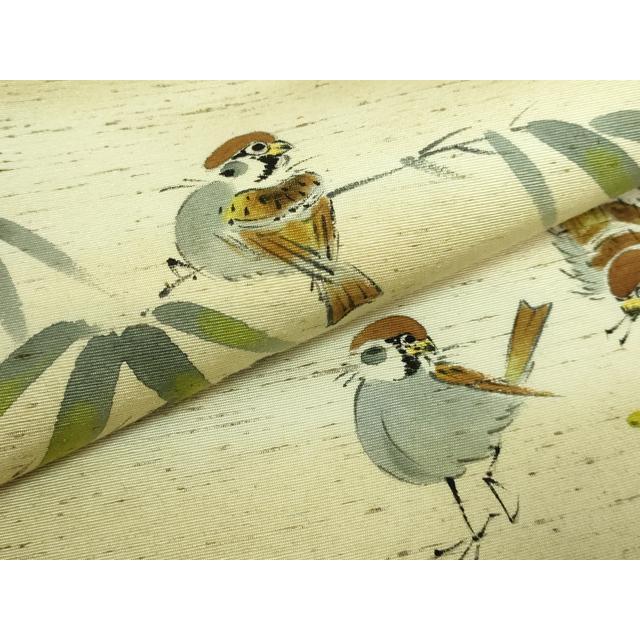平和屋着物●極上　九寸名古屋帯　紬地　手描き　雀　逸品　DZAB2342kh6