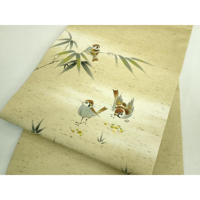 平和屋着物●極上　九寸名古屋帯　紬地　手描き　雀　逸品　DZAB2342kh6