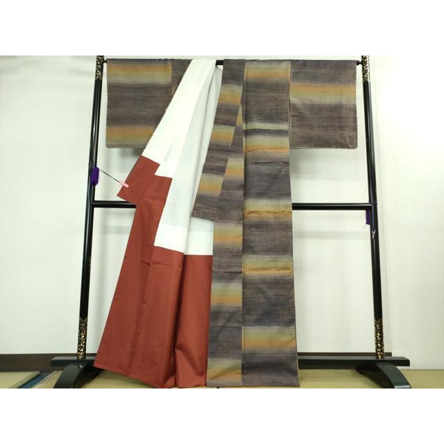 平和屋本店●極上　郡上紬　草木染　横段文　反端付き　逸品　DZAB2418kh6_2