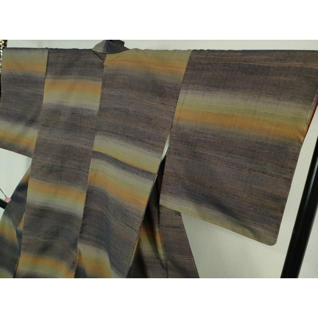 平和屋本店●極上　郡上紬　草木染　横段文　反端付き　逸品　DZAB2418kh6_3