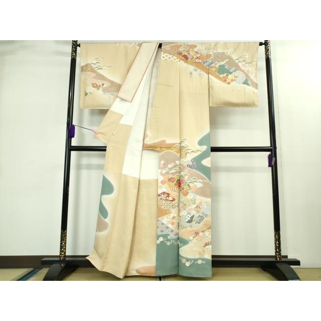 平和屋本店●極上　創業460年・千總　訪問着　駒刺繍　扇面飛鶴鴛鴦花文　丁子色地　暈し染め　金彩　大丸扱い　逸品　DZAB2437kh6 平和屋本店○極上 創業460年・千總 訪問着 駒刺繍 扇面飛鶴鴛鴦花文