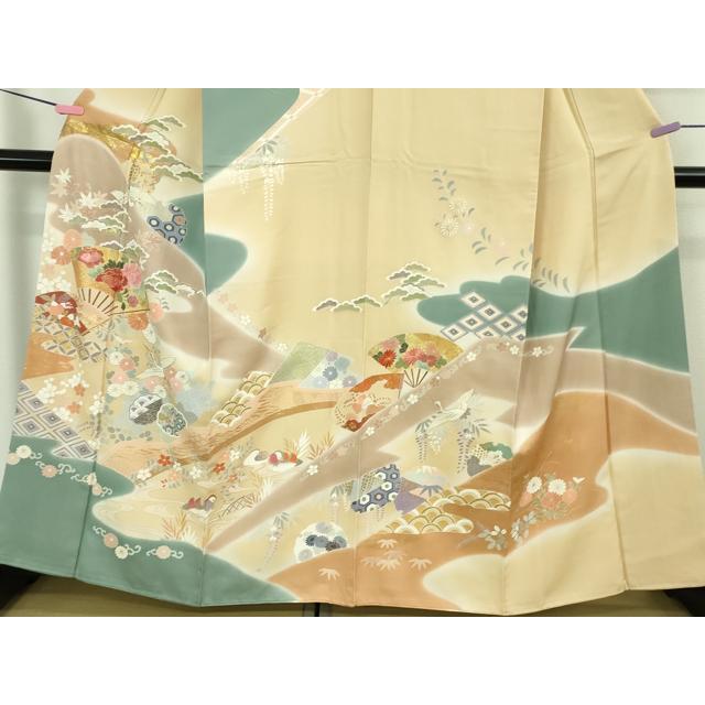 平和屋本店●極上　創業460年・千總　訪問着　駒刺繍　扇面飛鶴鴛鴦花文　丁子色地　暈し染め　金彩　大丸扱い　逸品　DZAB2437kh6 平和屋本店○極上 創業460年・千總 訪問着 駒刺繍 扇面飛鶴鴛鴦花文