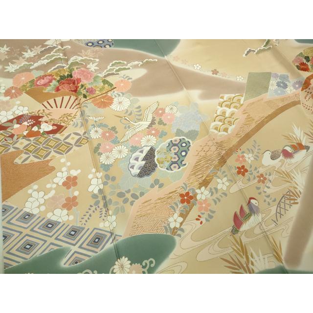 平和屋本店●極上　創業460年・千總　訪問着　駒刺繍　扇面飛鶴鴛鴦花文　丁子色地　暈し染め　金彩　大丸扱い　逸品　DZAB2437kh6 平和屋本店○極上 創業460年・千總 訪問着 駒刺繍 扇面飛鶴鴛鴦花文