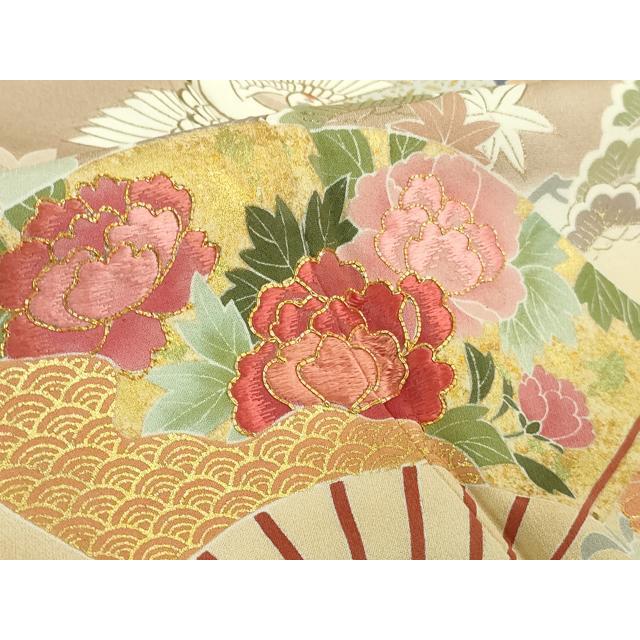 平和屋本店●極上　創業460年・千總　訪問着　駒刺繍　扇面飛鶴鴛鴦花文　丁子色地　暈し染め　金彩　大丸扱い　逸品　DZAB2437kh6 平和屋本店○極上 創業460年・千總 訪問着 駒刺繍 扇面飛鶴鴛鴦花文