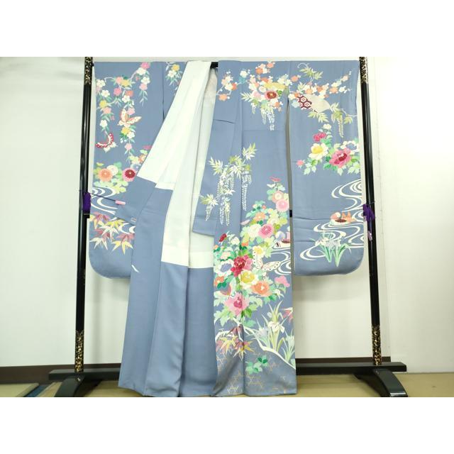 平和屋本店●極上　創業460年・千總 振袖・長襦袢(無双仕立て)セット 駒刺繍 舞蝶鴛鴦花文 青藤色地　金彩　高島屋扱い　逸品　DZAB2439kh6