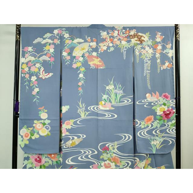 平和屋本店●極上　創業460年・千總 振袖・長襦袢(無双仕立て)セット 駒刺繍 舞蝶鴛鴦花文 青藤色地　金彩　高島屋扱い　逸品　DZAB2439kh6