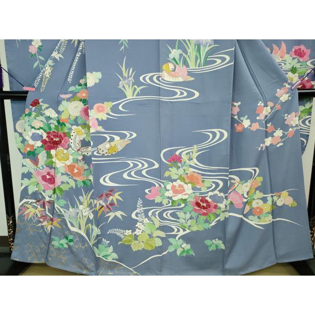 平和屋本店●極上　創業460年・千總 振袖・長襦袢(無双仕立て)セット 駒刺繍 舞蝶鴛鴦花文 青藤色地　金彩　高島屋扱い　逸品　DZAB2439kh6