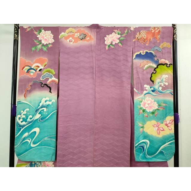 平和屋本店○極上 アンティーク 大正ロマン 振袖 手描き 唐獅子 暈し 
