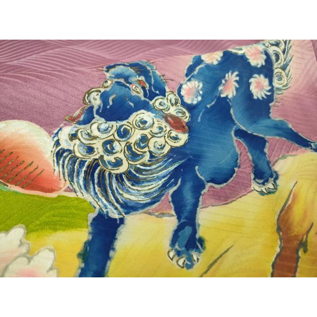 平和屋本店○極上 アンティーク 大正ロマン 振袖 手描き 唐獅子 暈し 