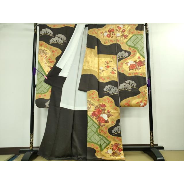 平和屋本店●極上　振袖　駒刺繍　絞り　霞吉祥花松文　蝉色地　金彩　逸品　DZAB2776kh6