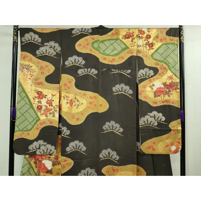 平和屋本店●極上　振袖　駒刺繍　絞り　霞吉祥花松文　蝉色地　金彩　逸品　DZAB2776kh6