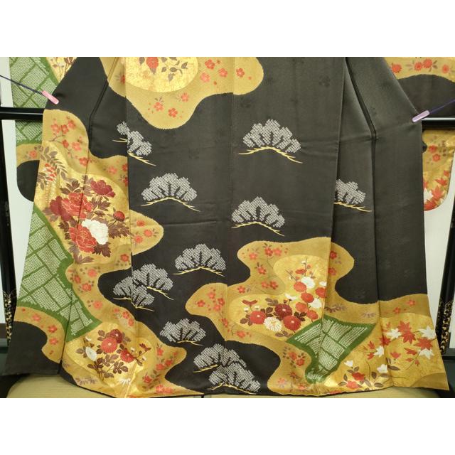 平和屋本店●極上　振袖　駒刺繍　絞り　霞吉祥花松文　蝉色地　金彩　逸品　DZAB2776kh6