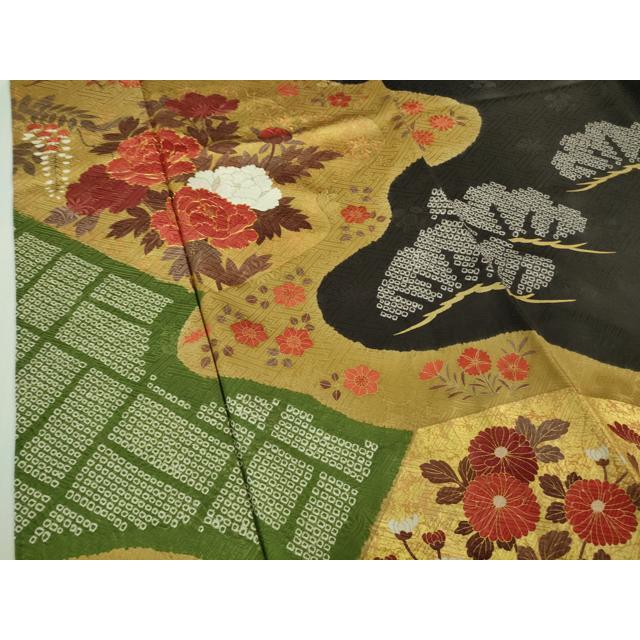 平和屋本店●極上　振袖　駒刺繍　絞り　霞吉祥花松文　蝉色地　金彩　逸品　DZAB2776kh6
