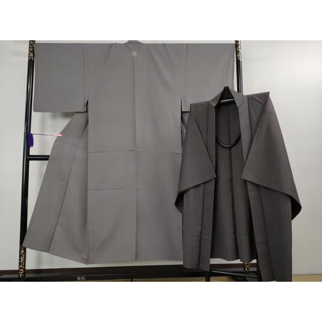 平和屋本店▽極上　男性　色紋付　お召　単衣　アンサンブル　長羽織　着物:灰色×羽織:藍墨茶色　逸品　DZAB3478kh6 平和屋本店▽極上 男性 色紋付 お召 単衣 アンサンブル 長羽織 着物
