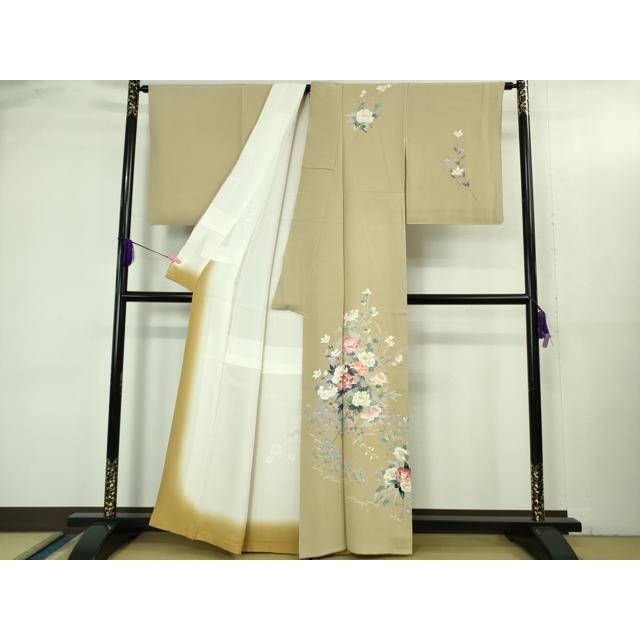 平和屋本店●極上　本加賀友禅作家　岡本幸治　訪問着　草花文　白橡色地　逸品　DZAB3513kh6_1
