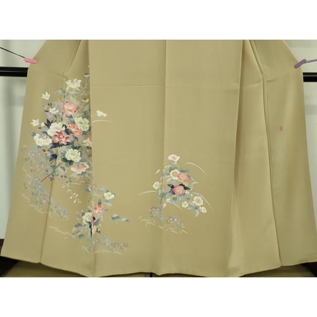 平和屋本店●極上　本加賀友禅作家　岡本幸治　訪問着　草花文　白橡色地　逸品　DZAB3513kh6_3