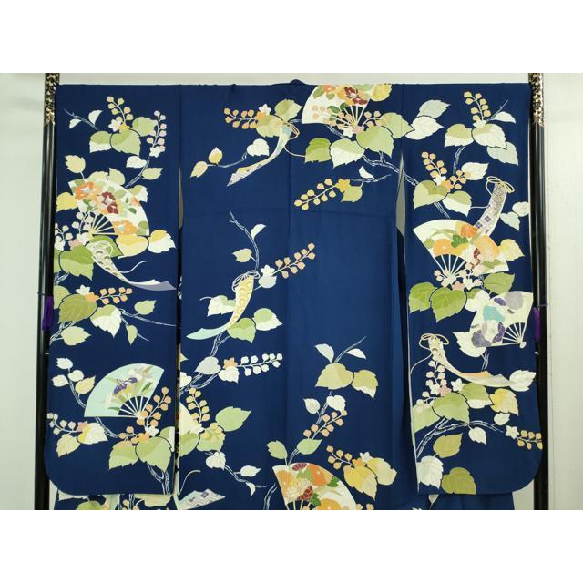 平和屋本店●極上　創業460年・千總　振袖　駒刺繍　扇面花文　紺青色地　金彩　三越扱い　逸品　DZAB3551kh6 平和屋本店○極上 創業460年・千總 振袖 駒刺繍 扇面花文 紺青色地
