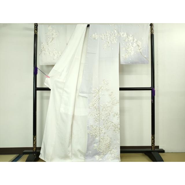 平和屋本店●最高級　京都老舗 尾峨佐染繍 　訪問着　総手刺繍　枝桜　白地　金銀糸　反端・紙タグ付き　逸品　未使用　DZAB3573kh6_1