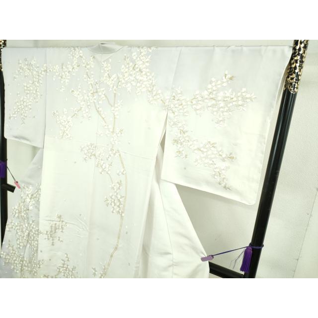 平和屋本店●最高級　京都老舗 尾峨佐染繍 　訪問着　総手刺繍　枝桜　白地　金銀糸　反端・紙タグ付き　逸品　未使用　DZAB3573kh6_2