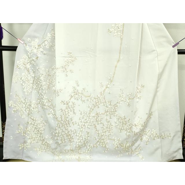 平和屋本店●最高級　京都老舗 尾峨佐染繍 　訪問着　総手刺繍　枝桜　白地　金銀糸　反端・紙タグ付き　逸品　未使用　DZAB3573kh6_3