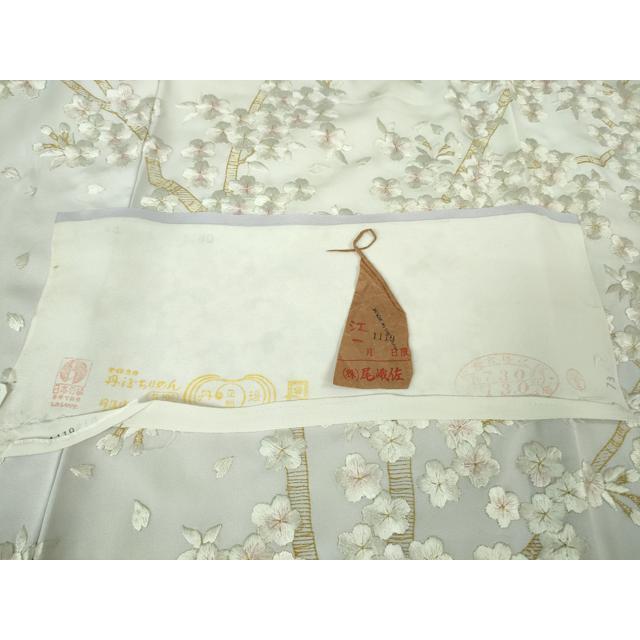平和屋本店●最高級　京都老舗 尾峨佐染繍 　訪問着　総手刺繍　枝桜　白地　金銀糸　反端・紙タグ付き　逸品　未使用　DZAB3573kh6_8