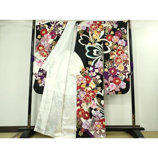 平和屋着物○極上 振袖 刺繍 舞花文 黒地 銀通し地 逸品 DZAB4643kh6 