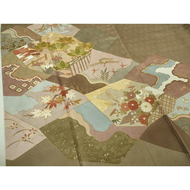 平和屋本店●極上　皇室献上作家　藤井寛　色留袖　駒刺繍　舞蝶四季花文　銀煤竹色地　金彩　逸品　DZAB4741kh6 平和屋本店○極上 皇室献上作家 藤井寛 色留袖 駒刺繍 舞蝶四季花文 銀