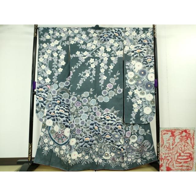 平和屋本店●極上　名門　藤娘きぬたや・総絞り　振袖　花車　枝垂れ花　藍鉄色地　落款有り　逸品　未使用　DZAB4889kh6 平和屋本店○極上 名門 藤娘きぬたや・総絞り 振袖 花車 枝垂れ花 藍鉄