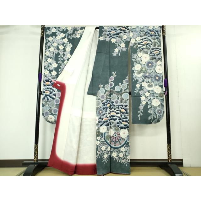 平和屋本店●極上　名門　藤娘きぬたや・総絞り　振袖　花車　枝垂れ花　藍鉄色地　落款有り　逸品　未使用　DZAB4889kh6 平和屋本店○極上 名門 藤娘きぬたや・総絞り 振袖 花車 枝垂れ花 藍鉄
