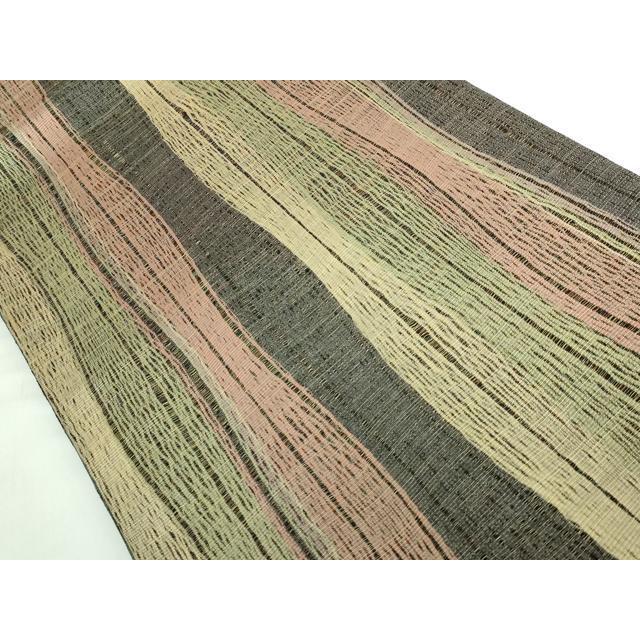 平和屋本店●極上 本場筑前博多織 草木染 手織工房 染匠：小森久 両面 全通柄袋帯 草木染 よろけ縞 共箱付き 逸品 未使用 DZAB5595kh6_2