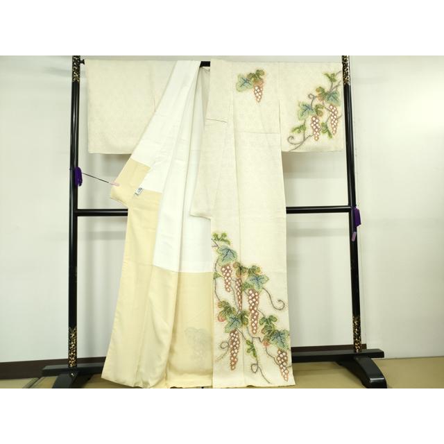 平和屋本店●極上　名門　藤娘きぬたや・総絞り　訪問着　葡萄蔦の葉文　象牙色地　落款有り　反端付き　逸品　DZAB5817kh6_1