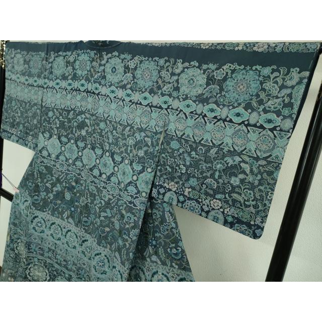 レディース スワトウ刺繍 汕頭刺繍 付下げ 流水文様 本場縞大島 玉椿 