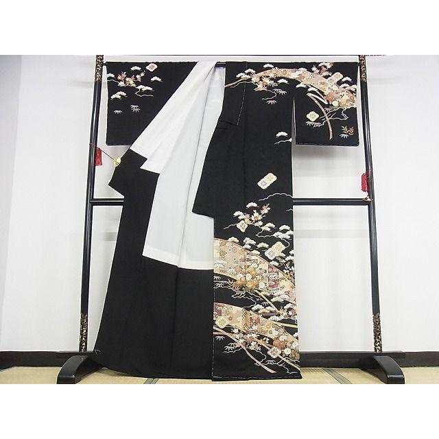 平和屋本店■極上　訪問着　駒刺繍　吉祥花文　黒地　金彩　正絹　逸品　未使用　KAAA0643kk4 平和屋本店□極上 訪問着 駒刺繍 吉祥花文 黒地 金彩 正絹 逸品