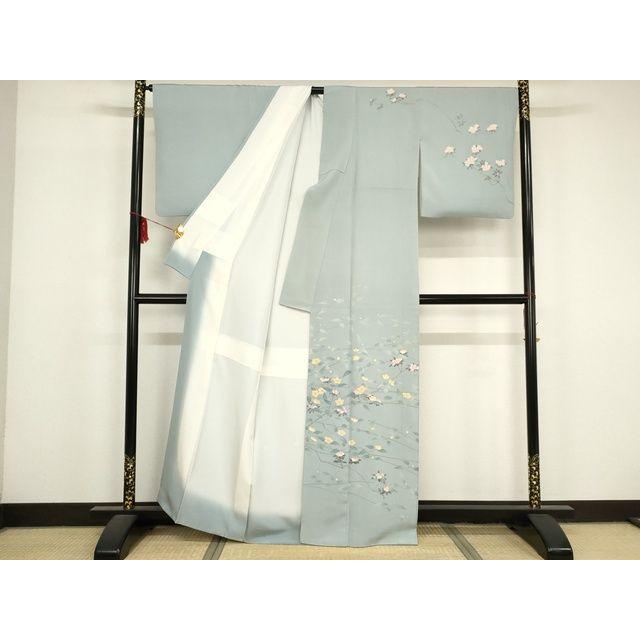 平和屋本店■極上　加賀友禅の巨匠　初代　由水十久　訪問着　枝花文　薄雲鼠色地　逸品　KAAA1787kk5