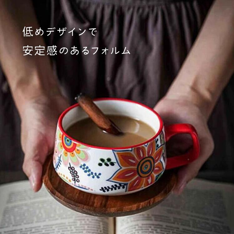 マグカップ 木製コースター付きカップ 花 コーヒーカップ スープマグ