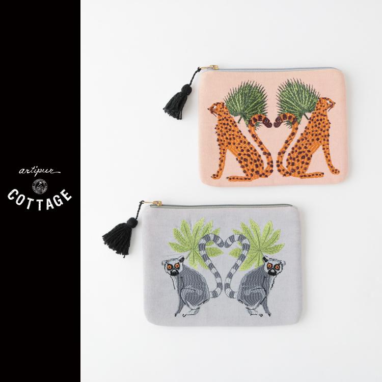 ポーチ | KANKAN チーター キツネザル フラット 刺繍ポーチ L ポーチ | KANKAN チーター キツネザル フラット 刺繍ポーチ L