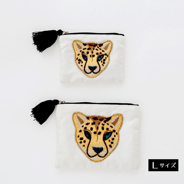 ポーチ | KANKAN レオパード フラットポーチ フェイス刺繍 L ポーチ | KANKAN レオパード フラットポーチ フェイス刺繍 L
