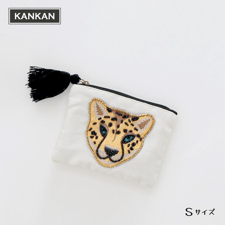 muta ヒョウ柄ポーチ ポーチ KANKAN レオパード フラットポーチ フェイス刺繍 Sサイズ