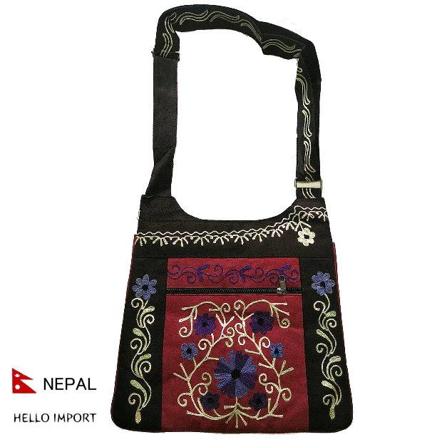 ネパール スエード ボタニカル柄 肩掛けショルダーバッグ アジアン
