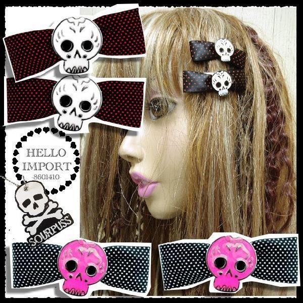 パンク ヘアアクセサリー パッチンどめ ドット リボン スカル 1セット2個入り /won044 | 